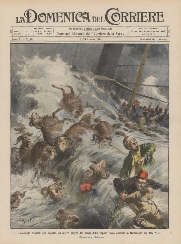 En fruktansvärd våg som sveper in en hel flock från kanten av en turkisk ångbåt under korsningen av Svarta havet av Achille Beltrame