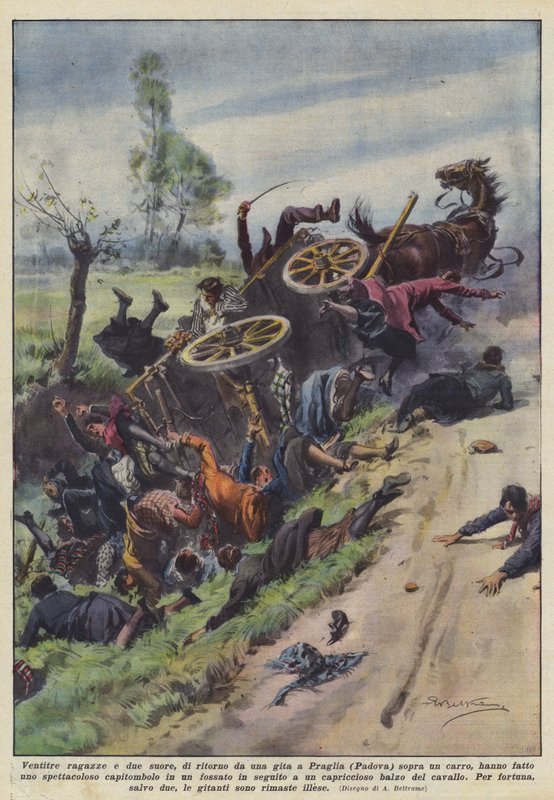 Tjugotre flickor och två nunnor som återvänder från en resa till Praglia (Padua) på en vagn? av Achille Beltrame