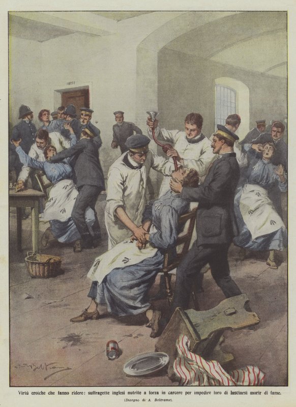 Heroiska dygder som får dig att skratta, engelska suffragetter tvångsmatade i fängelse för att förhindra dem? av Achille Beltrame