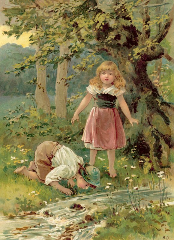 Brodern dricker ur bäcken (chromolitho) av Ada Dennis