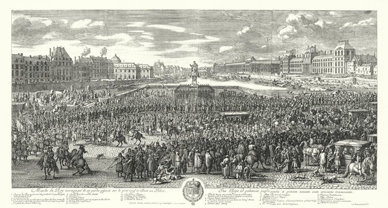 Ludvig XIV av Frankrike och hans vakt korsar Pont-Neuf i Paris på väg till Palais du Louvren (gravyr) av Adam Frans van der Meulen