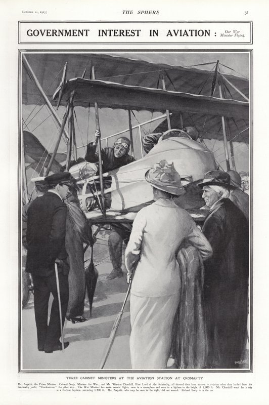 Överste J A B Seely, utrikesminister för krig, skjuter ett flygplan, Cromarty Aviation Station, Skottland, 1913 av Addison Thomas Millar