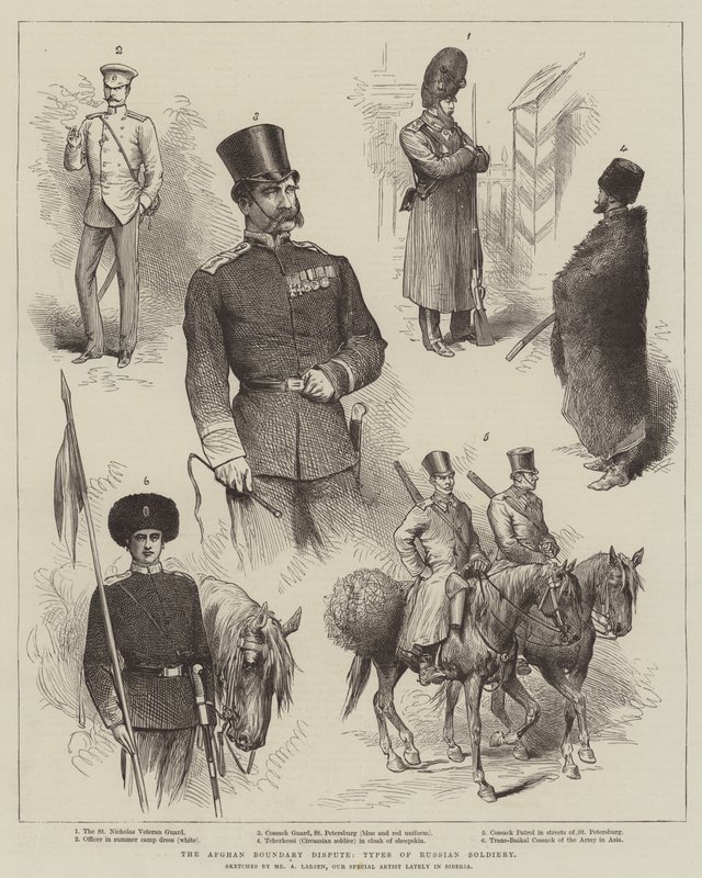 Den afghanska gränstvisten, typer av rysk soldat av Adolf Alfred Larsen