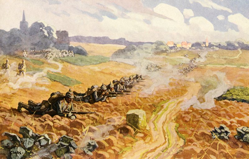 Preussiskt infanteri av linjen vid attacken (färg litho) av Adolf Closs