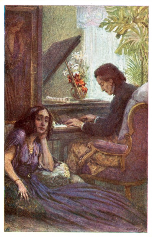 Musiker och kompositör, Frederic Chopin, med George Sand av Adolf Karpellus (färg litho) av Adolf Karpellus