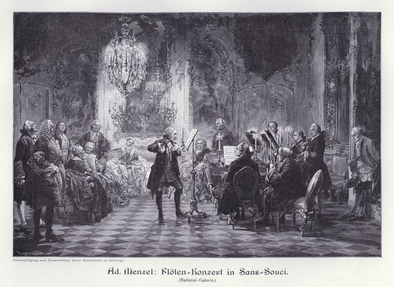 Flöjtkonsert i Palace of Sanssouci, Potsdam, Preussen (gravyr) av Adolph Friedrich Erdmann von (after) Menzel