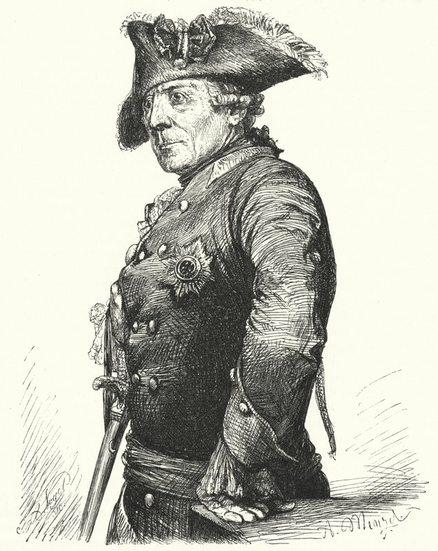 Fredrik den store, kung av Preussen (gravyr) av Adolph Friedrich Erdmann von (after) Menzel