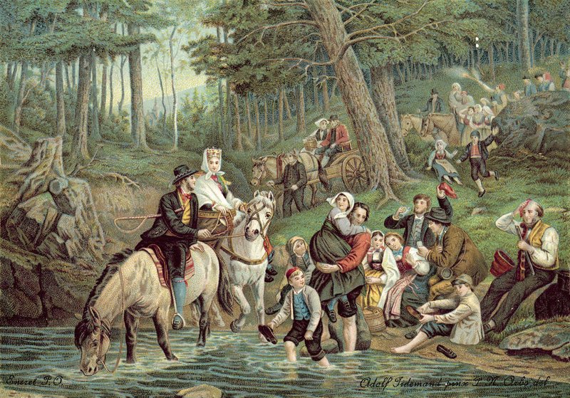 Norsk scen (färg litho) av Adolph Tidemand