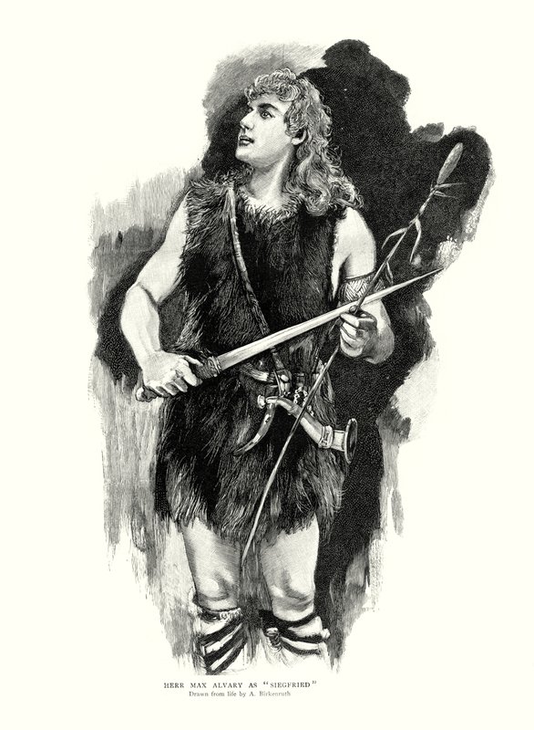 Den tyske tenoren Max Alvary som Siegfried i Richard Wagners opera Die Walkure på Royal Opera House, Covent Garden, London (litho) av Adolphe Birkenruth