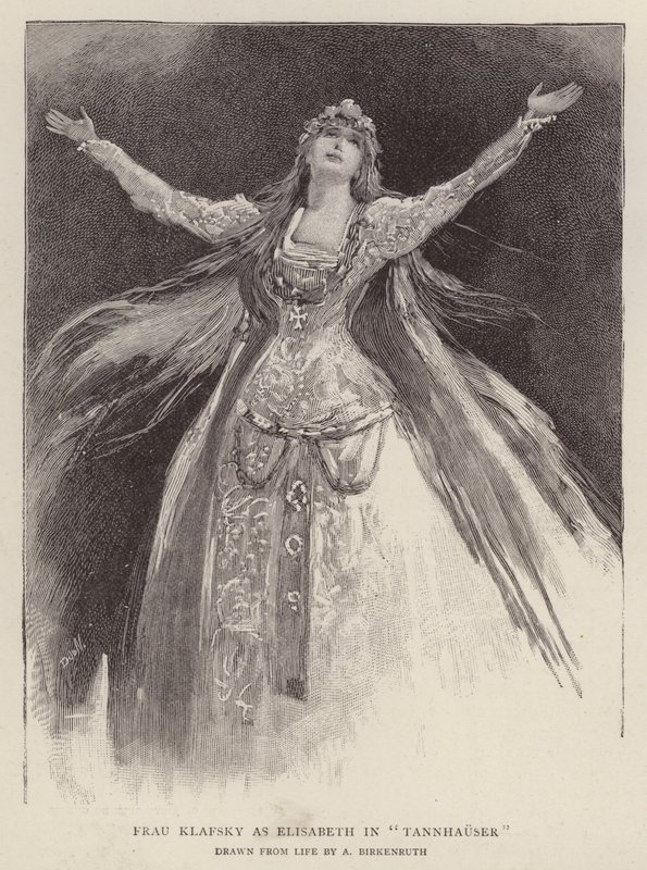 Ungerska sopranen Katharina Klafsky som Elisabeth i Richard Wagners opera Tannhauser på Royal Opera House, Covent Garden, London av Adolphe Birkenruth