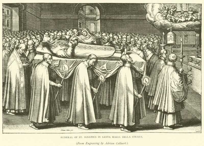 St Ignatius begravning i Santa Maria Della Strada (gravyr) av Adriaen (after) Collaert