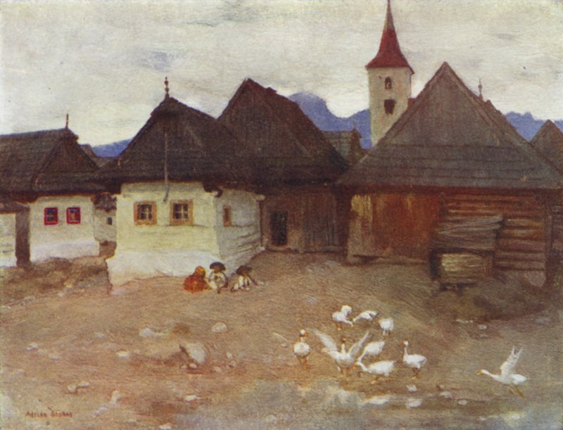 Tjeckoslovakien: Vazsecz, en slovakisk by (färg litho) av Adrian Scott Stokes