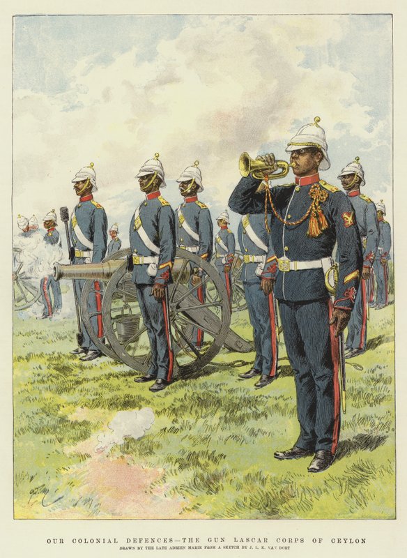 Vårt koloniala försvar, Gun Lascar Corps of Ceylon (chromolitho) av Adrien Emmanuel Marie