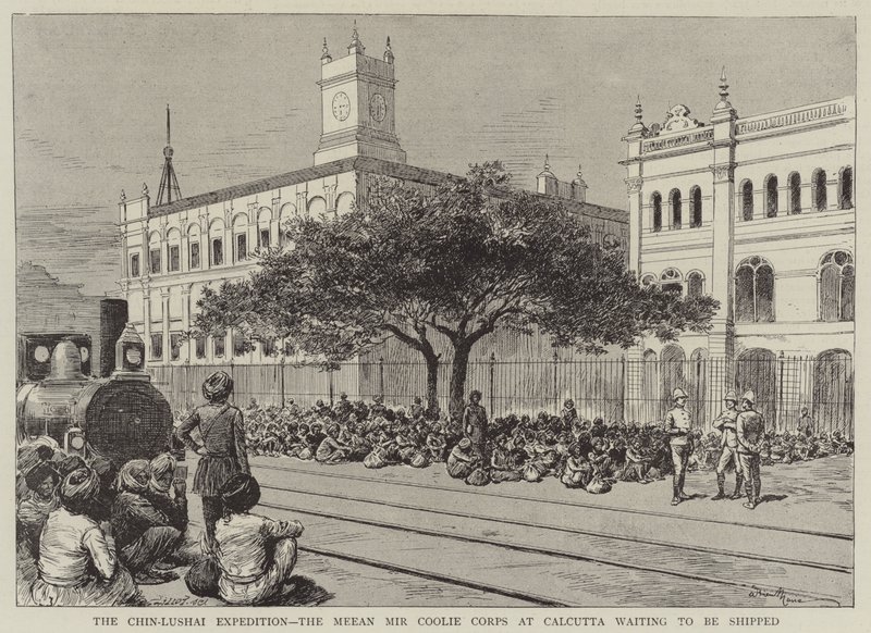 Chin-Lushai-expeditionen, Meean Mir Coolie Corps i Calcutta väntar på att skickas av Adrien Emmanuel Marie