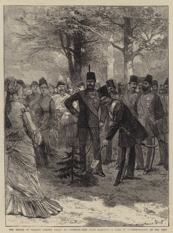 Prinsen av Wales trädgårdsfest i Chiswick, shahen planterar ett träd till minne av hans besök. av Adrien Emmanuel Marie