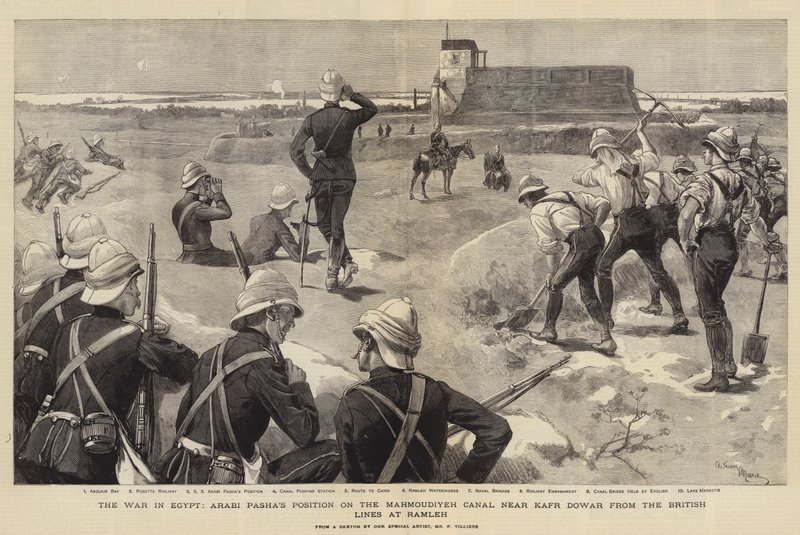Kriget i Egypten, arabiska Pashas position på Mahmoudieh-kanalen nära Kafr Dowar från de brittiska linjerna vid Ramleh av Adrien Emmanuel Marie