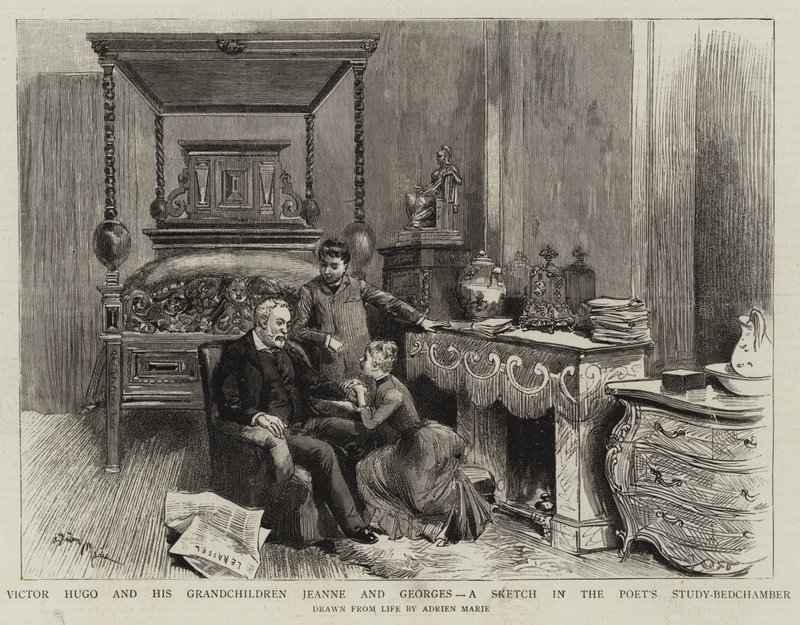 Victor Hugo och hans barnbarn Jeanne och Georges, en skiss i poetens arbetsrum av Adrien Emmanuel Marie