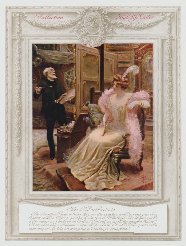 Belle Epoque Paris, moderiktig dam som har sitt porträtt målat (lito i färg) av Albert Guillaume