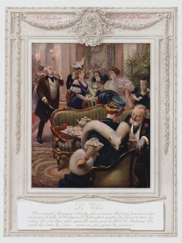 Belle Epoque Paris, Fashionabla dam som tar te (färg litho) av Albert Guillaume