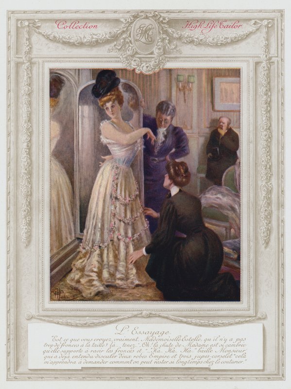 Belle Epoque Paris, moderiktig dam, prövar en klänning (litho i färg) av Albert Guillaume