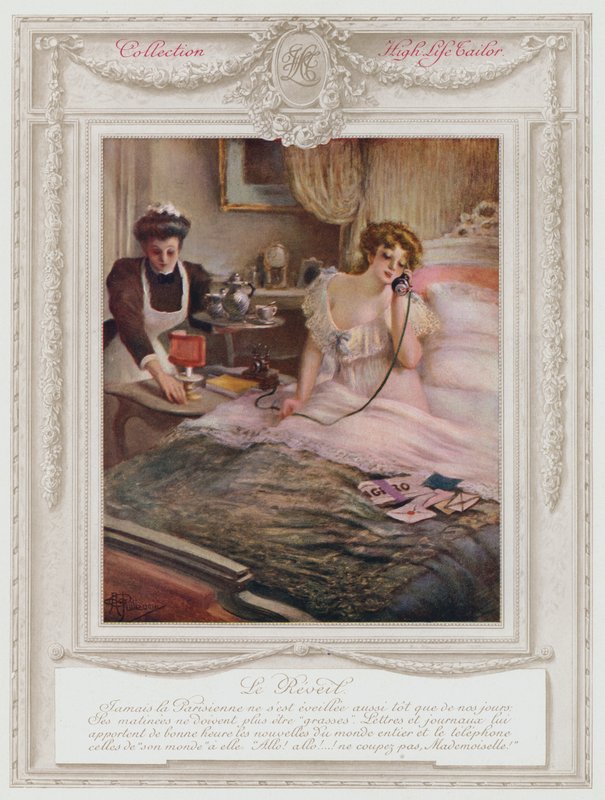 Belle Epoque Paris, Fashionabla dam som vaknar (färg litho) av Albert Guillaume