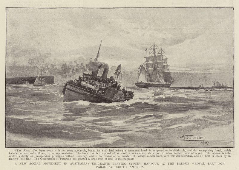 En ny social rörelse i Australien, emigranter lämnar Sydney Harbour i Barque Royal Tar för Paraguay, Sydamerika av Albert Henry Fullwood