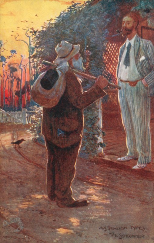Australiska typer: The Sundowner (färglitografi) av Albert Henry Fullwood