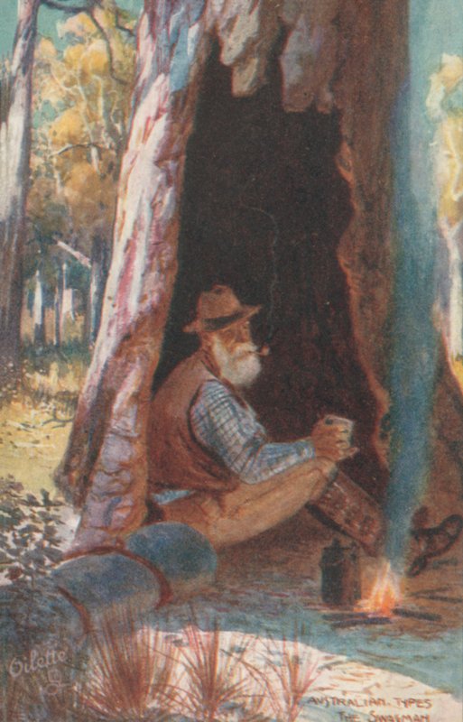 Australiska typer: The Swagman (färglitografi) av Albert Henry Fullwood