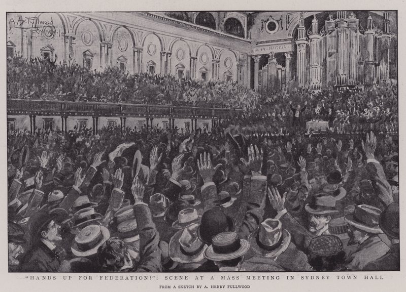 Hands up för Federation!, Scen vid ett mässmöte i Sydney Town Hall av Albert Henry Fullwood