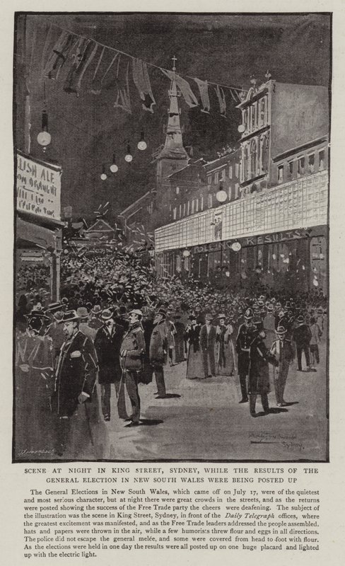 Scene at Night i King Street, Sydney, medan resultatet av det allmänna valet i New South Wales lades upp av Albert Henry Fullwood