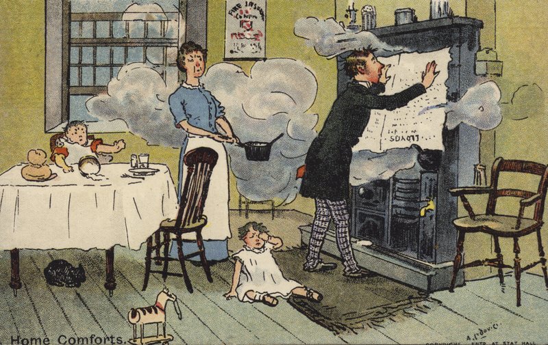 Tecknad film av en familj i ett rökfyllt rum av Albert Jnr. Ludovici