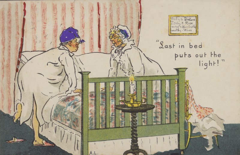 "Sist i sängen släcker ljuset!" (färg litho) av Albert Jnr. Ludovici