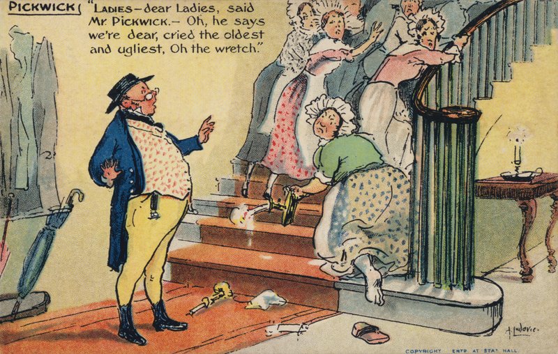 Mr Pickwick kränker en grupp kvinnor (chromolitho) av Albert Jnr. Ludovici