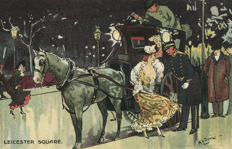 Kvinna som lämnar en vagn, Leicester Square (färg litho) av Albert Jnr. Ludovici