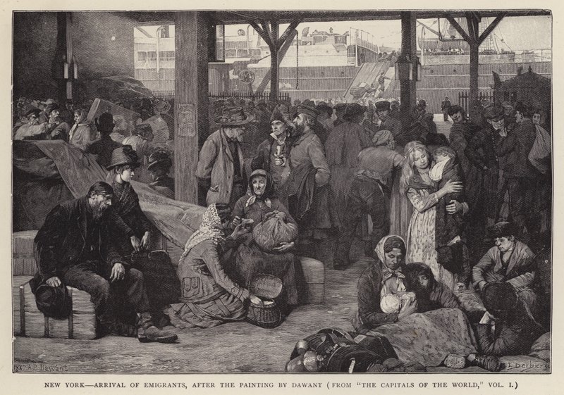 New York - Emigranternas ankomst (litho) av Albert Pierre Dawant