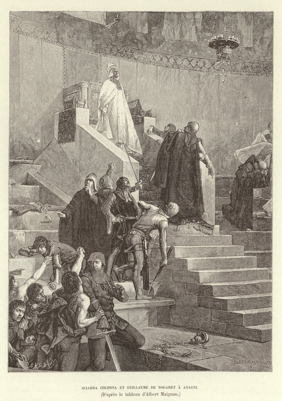 Sciarra Colonna och Guillaume de Nogaret i Anagni. Sciarra Colonna och Guillaume de Nogaret konfronterar påven Boniface VIII i Anagni, Italien av Albert Pierre Rene Maignan