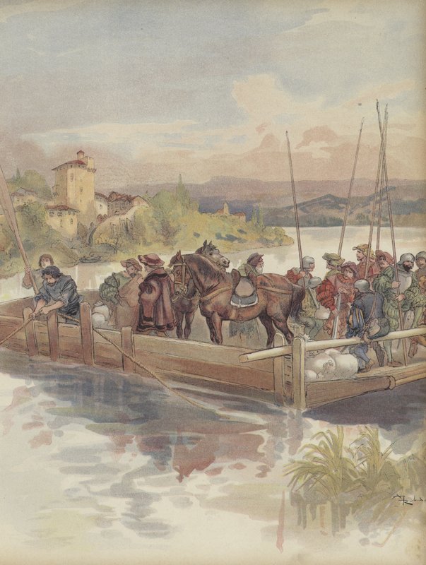 Bourbon flyr, misslyckas med att bli igenkänd av soldater, passerar en färja av Albert Robida