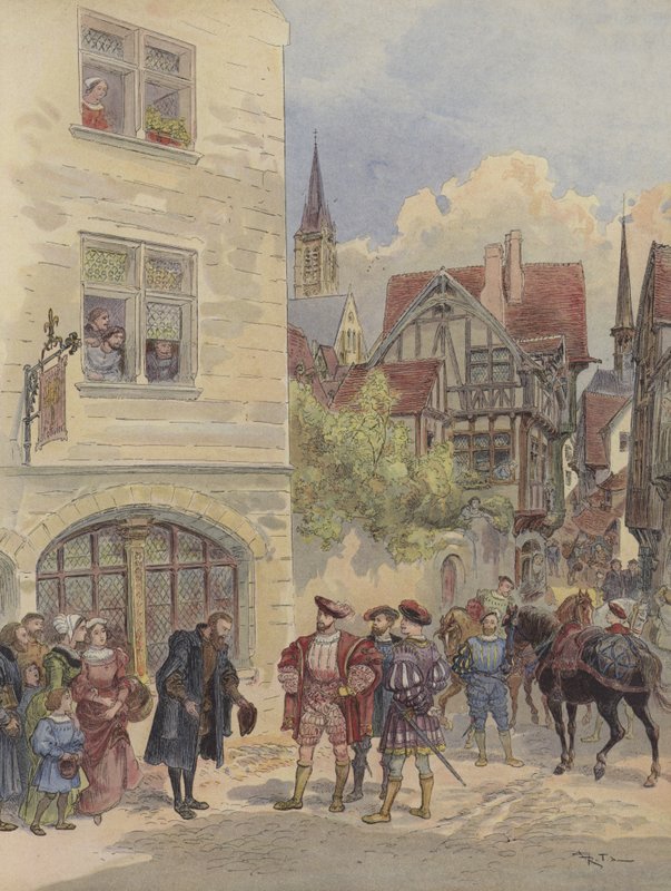 Francois I tas emot av Estienne, vid dörren till hans tryckpress, vid skylten Olivier, rue Saint-Jean-de-Beauvais, i Paris av Albert Robida