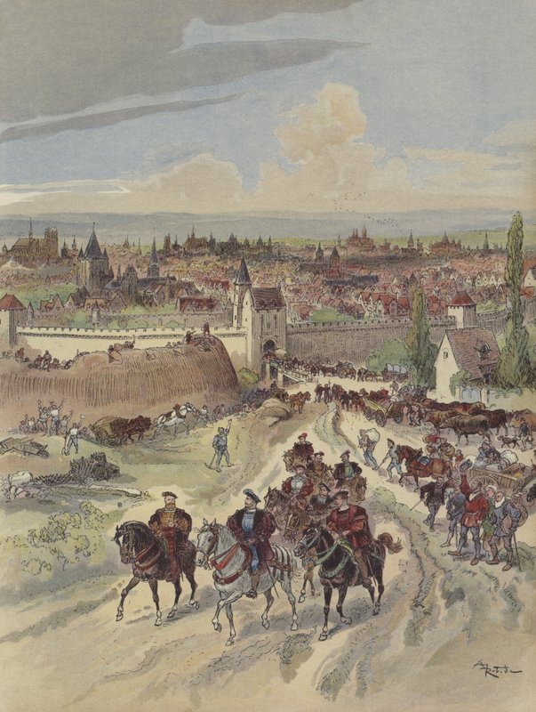 Francois I gör arbete på Paris vallar av Albert Robida