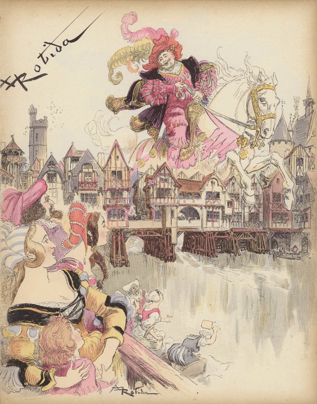 Ryttare som hoppar över en bro (färg litho) av Albert Robida