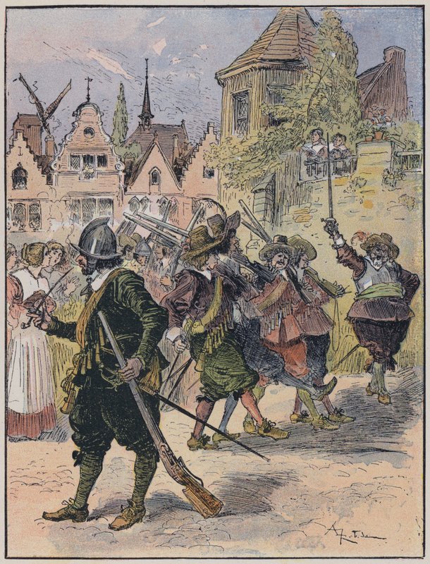 Illustration för Le Capitaine Bellormeau av och illustrerad av A Robida (färg litho) av Albert Robida
