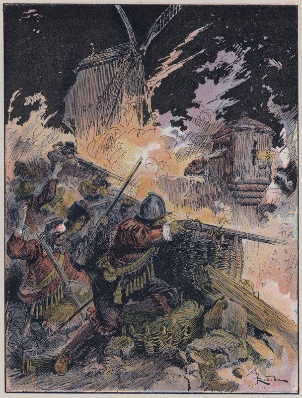Illustration för Le Capitaine Bellormeau av och illustrerad av A Robida (färg litho) av Albert Robida