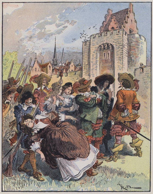Illustration för Le Capitaine Bellormeau av och illustrerad av A Robida (färg litho) av Albert Robida