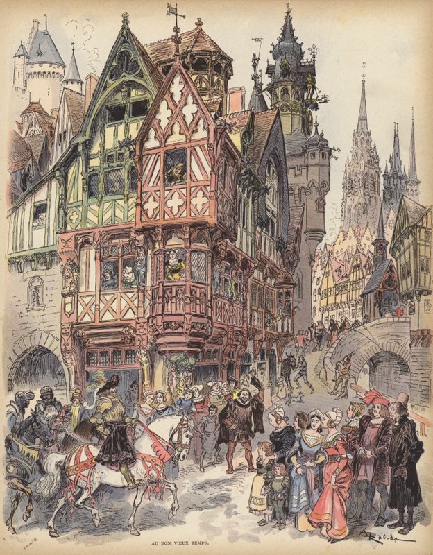 På den gamla goda tiden (färg litho) av Albert Robida