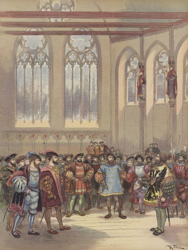 Bourgogne härold, skickad av Charles-Quint, tas emot av Francois I i parlamentets stora sal av Albert Robida