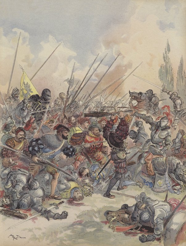 Kungen i Pavia, faller från sin häst, skadad, slåss mot molnet av angripare som omger honom (färg litho) av Albert Robida