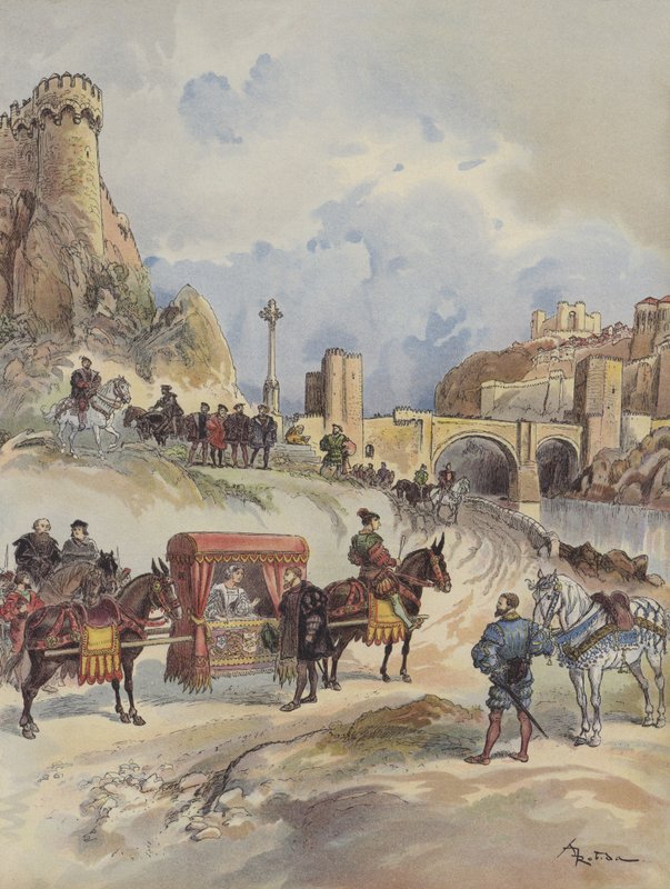 Marguerite de France kommer att besöka sin bror, tas emot vid Pont de Tolede av Charles-Quint av Albert Robida