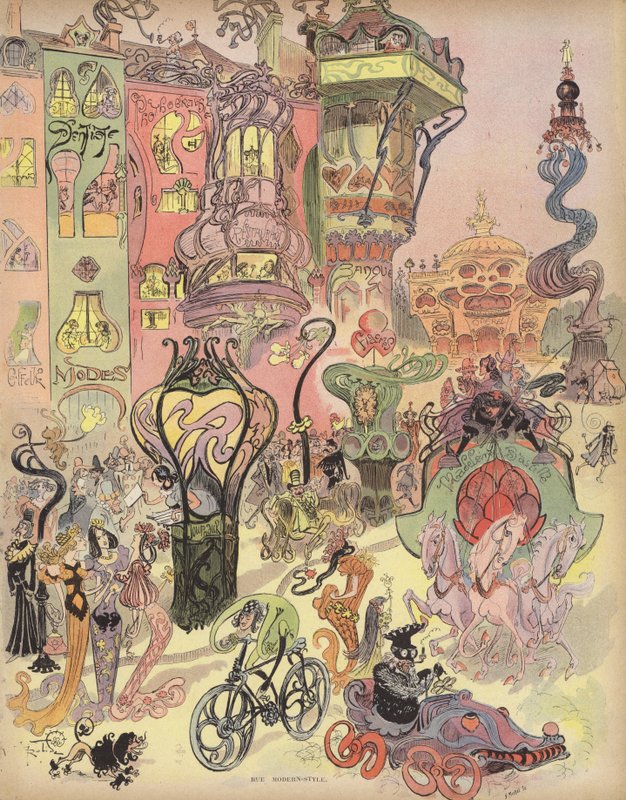 Gata, modern stil (litho i färg) av Albert Robida