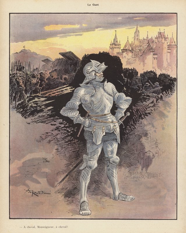 Klockan; soldat i rustning tittar på belägringen av en stad (färg litho) av Albert Robida