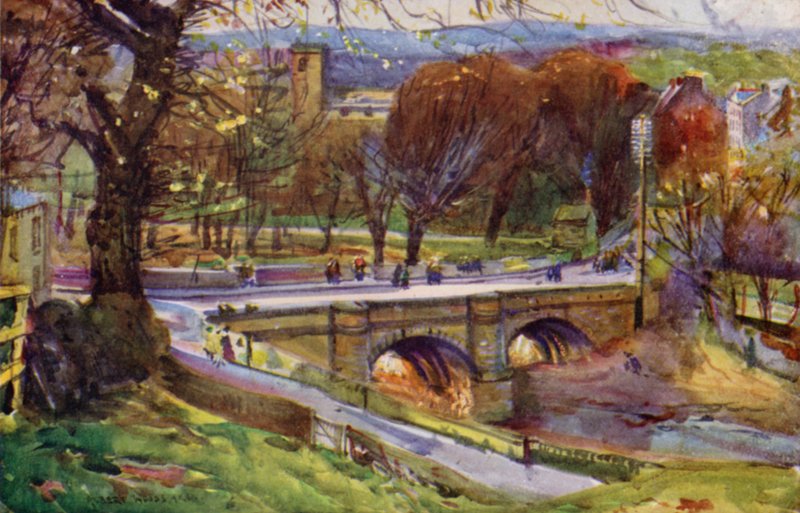 Whalley, kyrkan och byn (färg litho) av Albert Woods